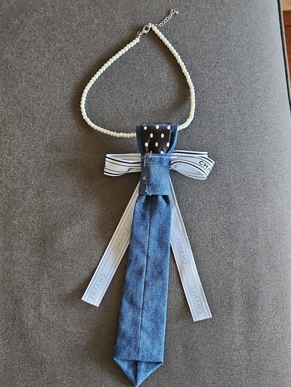 Hand Crafted Black and White Polka Dot Necktie on a Denim Handmade Tie Necklace - Picture 4 of 5